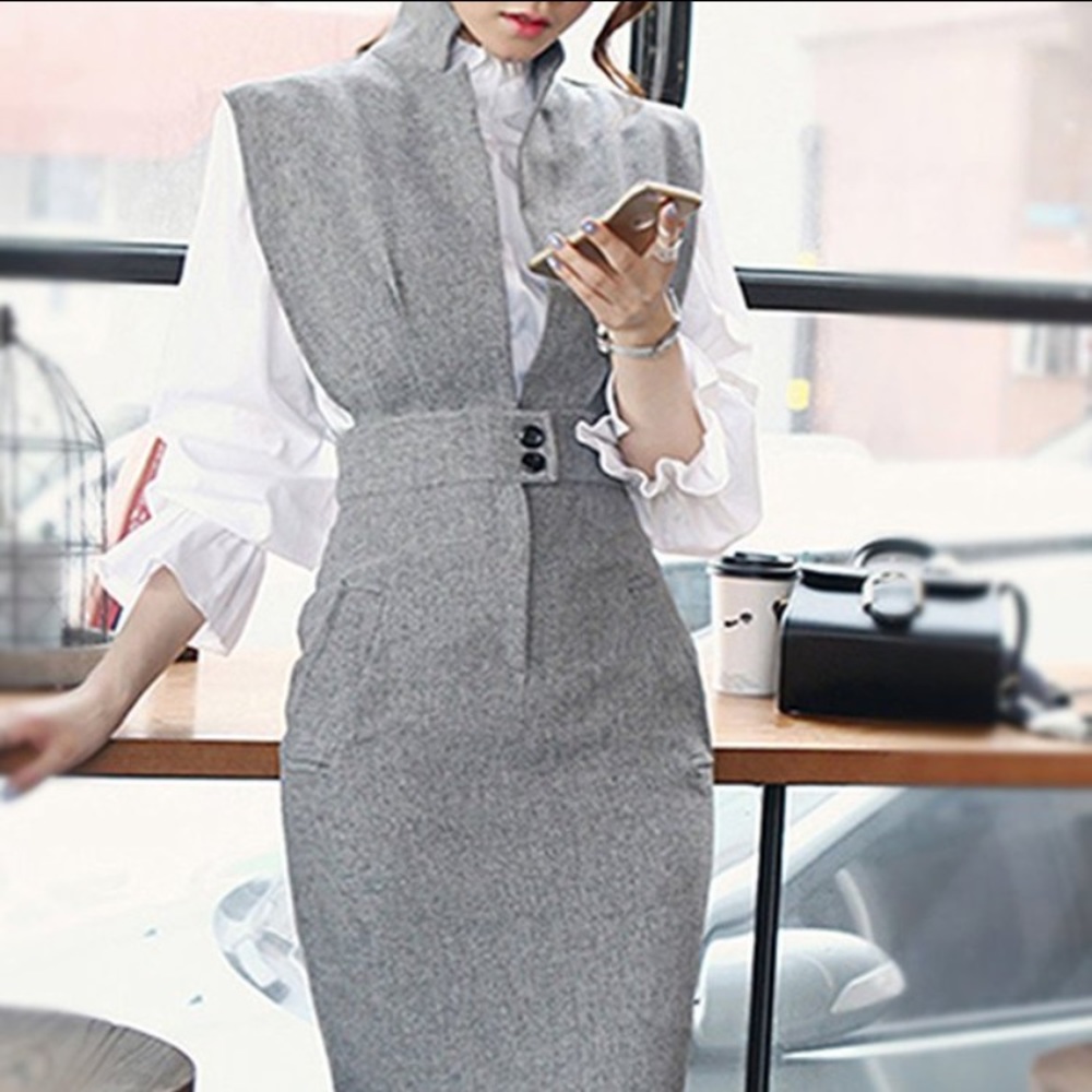 Stand Collar Elegant Balloon Sleeve 2-Piece Dress